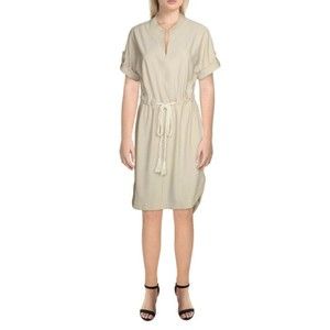 NEW Lysse Womens Shirtdress Split Neck High Low Biscotti Dress Size Small